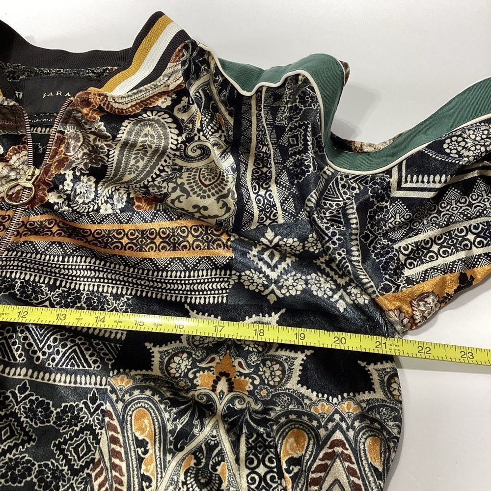 Zara Velour Bomber Track Jacket Size L Green Gold Paisley Stripe Velvet 80s - Picture 8 of 11